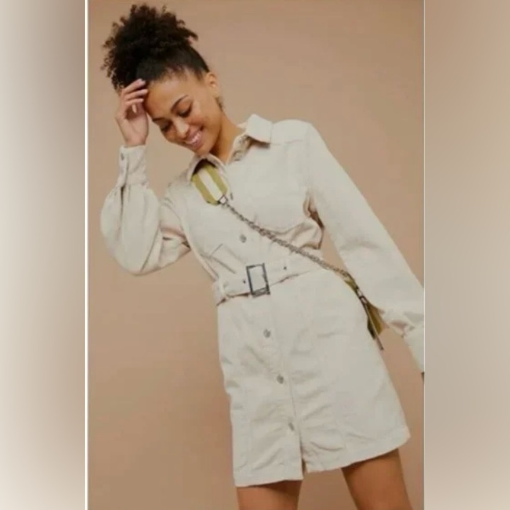 Topshop Corduroy Mini Shirtdress‎ Belted Cream Size 8